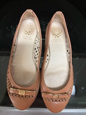Vince Camuto Women's Cognac Laser-Cut Ballet Flats with Bow Accent